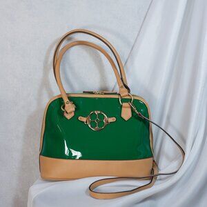 Iman Womens City Chic Bag Patent Dome Satchel Green Beige Handbag Size M